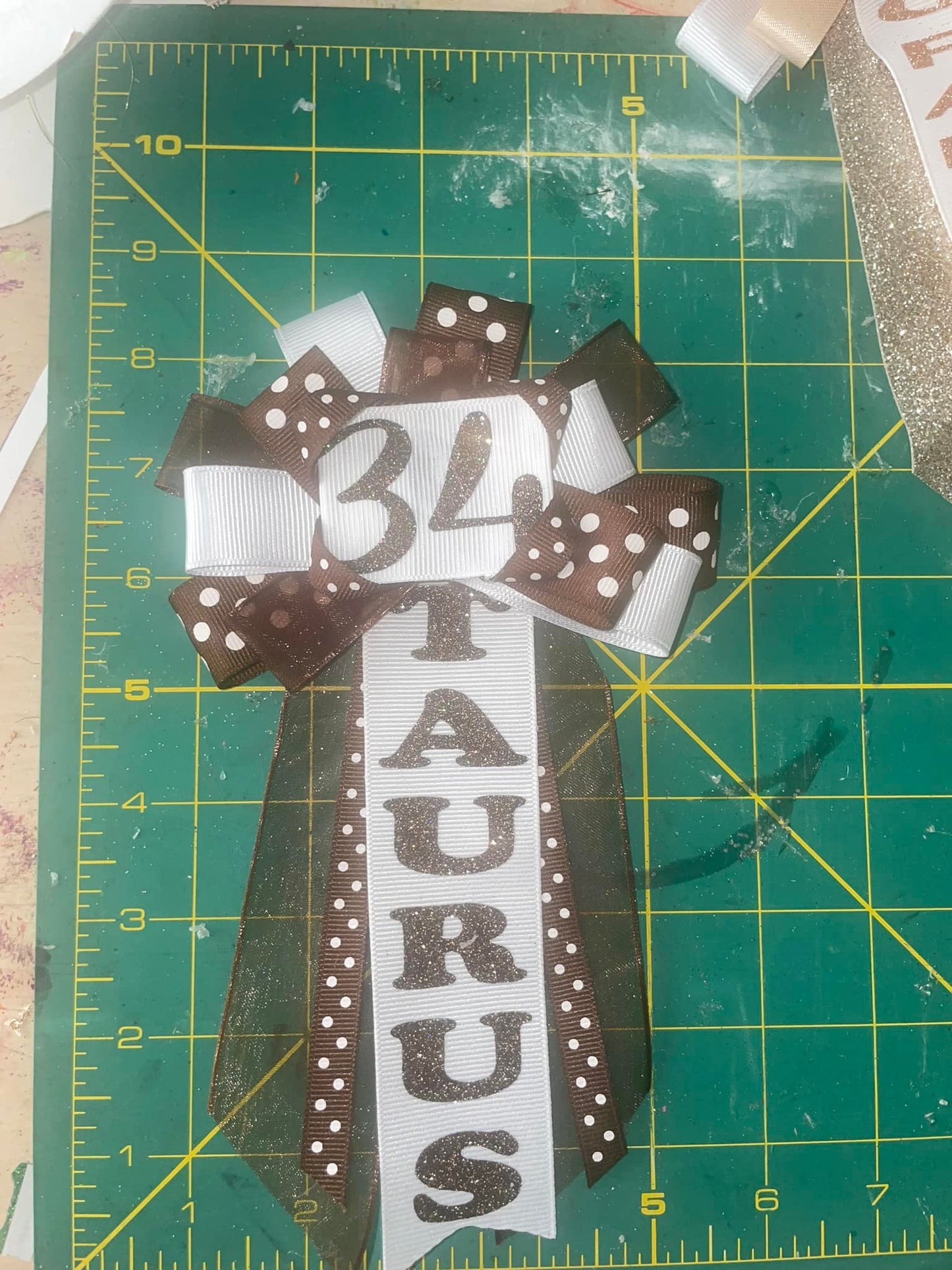 Custom number ribbon corsages.