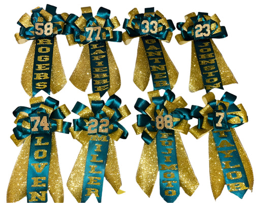 Custom number ribbon corsages.